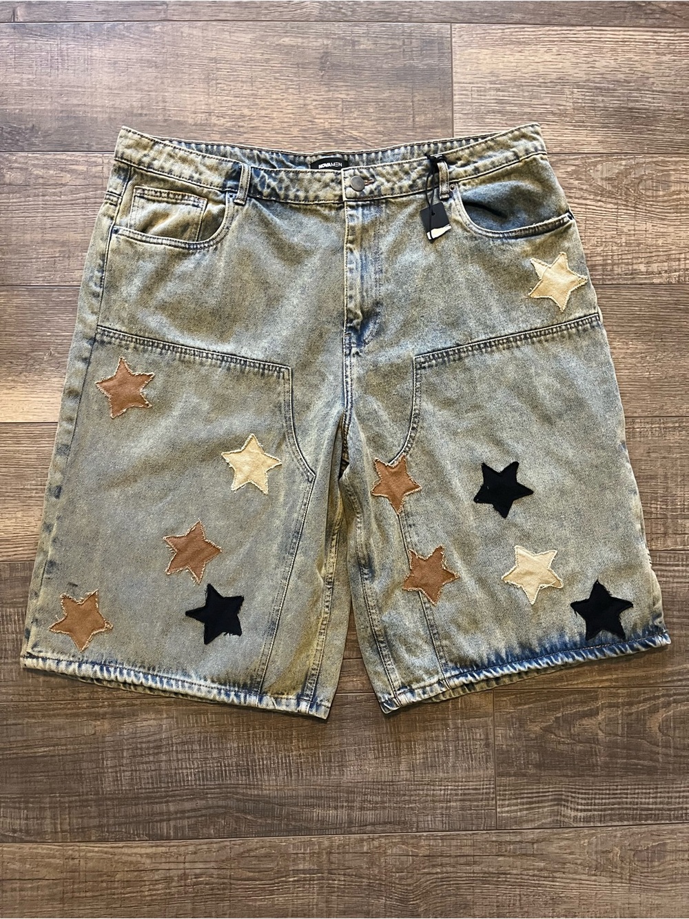 NovaMen Star Patched Mud-Washed Denim Shorts Y2K Streetwear